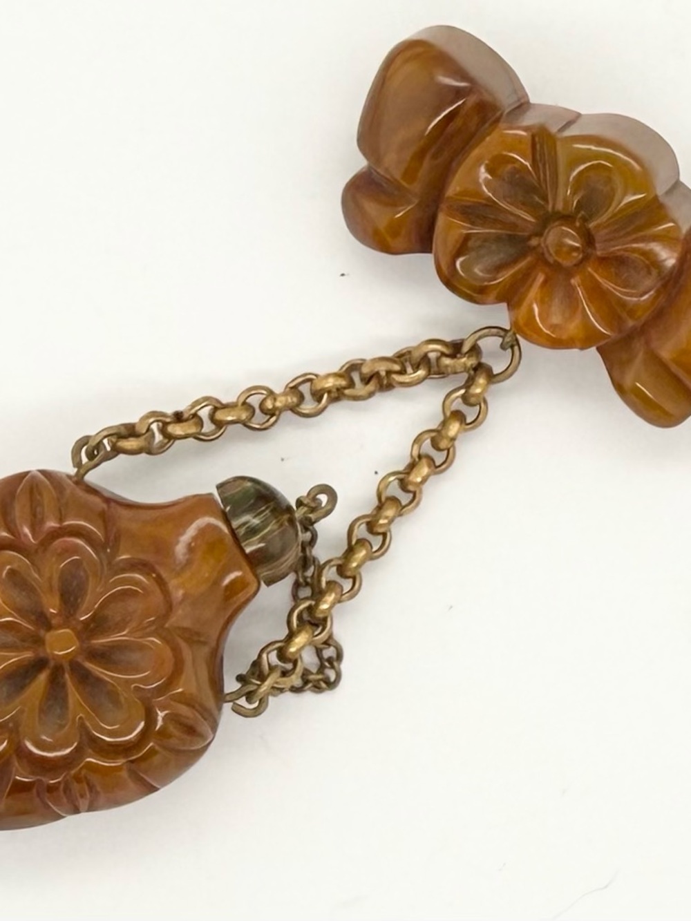 RARE Carved Butterscotch Amber Bakelite Clip Chain Brooch Snuff Perfume Bottle